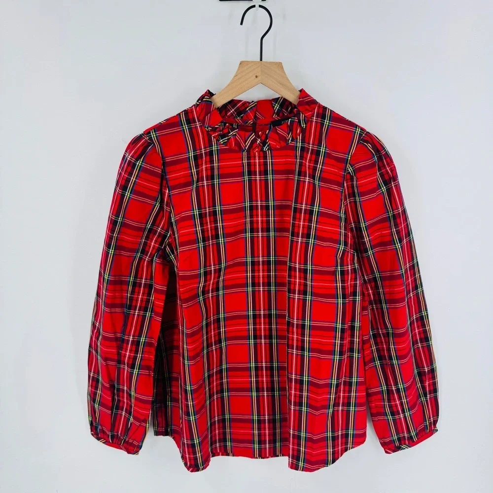 J. Crew Red Tartan Plaid Ruffle Neck Long Sleeve Blouse Size M Preppy Holiday